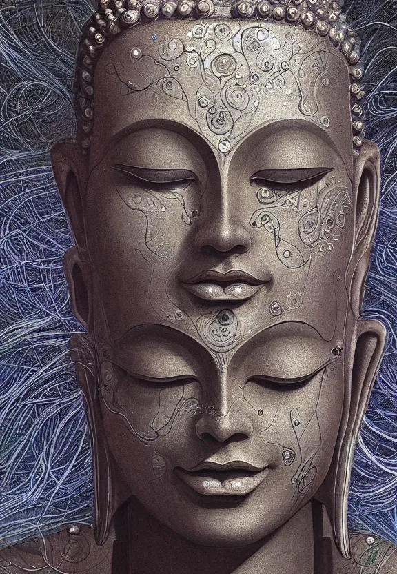 Image similar to perfectly centered portrait, front view of a beautiful biomechanical alien android robot buddha, female, flowing hair, intense stare, sarcastic smile, symmetrical, concept art, intricate detail, volumetric shadows and lighting, realistic oil painting by alex grey and gustave dore,