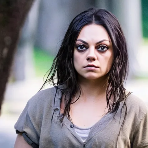 Prompt: Mila Kunis in an indie slasher movie, movie still, XF IQ4, f/1.4, ISO 200, 1/160s, 8K, RAW, unedited, symmetrical balance, in-frame, sharpened