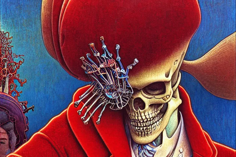 Image similar to realistic detailed closeup portrait painting of a single skeleton wearing red velvet blazer in a crowded futuristic moscow street by Jean Delville, Amano, Yves Tanguy, Alphonse Mucha, Ernst Haeckel, Edward Robert Hughes, Roger Dean, rich moody colours, blue eyes