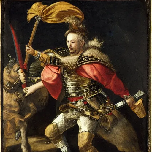 Image similar to donald trump, wearing knight ’ s armor, holding a spectacular broadsword, by annibale carracci, full body