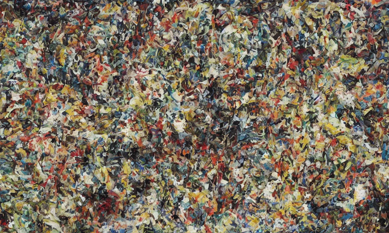 Image similar to cornucopia tick-tock, jackson pollock, oil on canvas