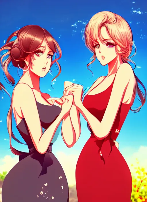 Image similar to two beautiful housewives outside on a hot summer evening, gorgeous faces, thick lines, cinematic lighting, detailed anime art