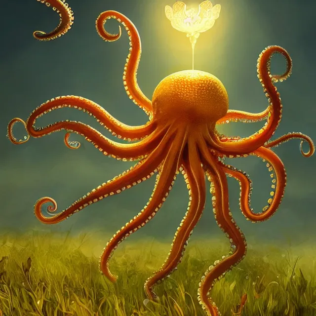 Prompt: a octopus on top of a flowery grassy golden godly glowing temple fantasy, rim light, lighting, winy, artstation, digital art.