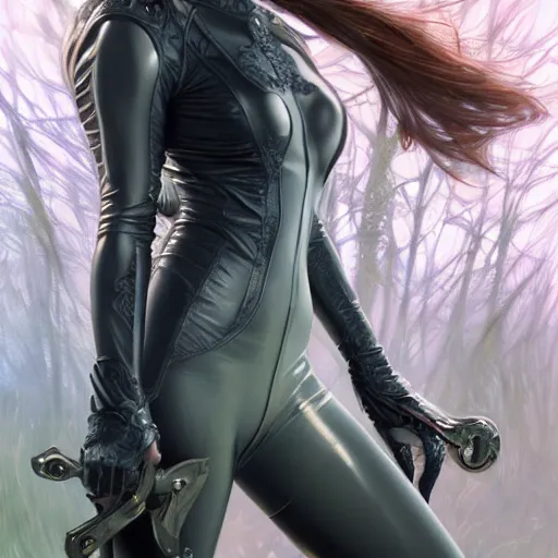 Image similar to full body portrait of a female wearing a skintight leather jacket holding a sword in a forest, large thighs, perfect face, beautiful! coherent!, intricate, elegant, highly detailed, digital painting, artstation, smooth, sharp focus, illustration, art by artgerm and greg rutkowski and alphonse mucha, 8 k