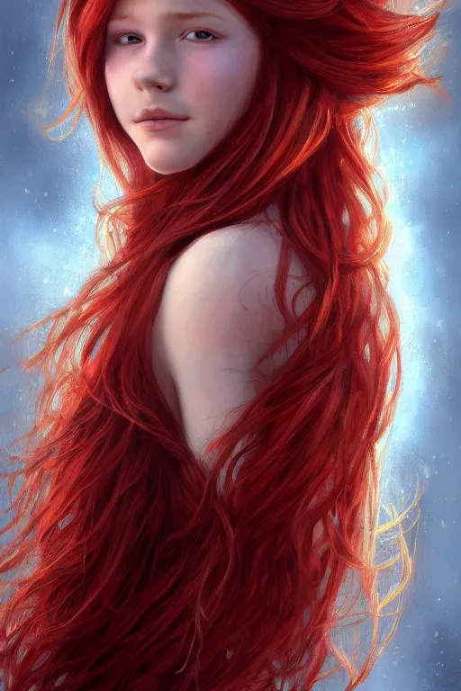 Image similar to ultra realistic style illustration of a beautiful cute red haired joyful 1 9 year old teen, full portrait, long hair, sci - fi, fantasy, intricate, elegant, digital painting, artstation, concept art, smooth, sharp focus, 8 k frostbite 3 engine, ultra detailed, art by artgerm and greg rutkowski and magali villeneuve