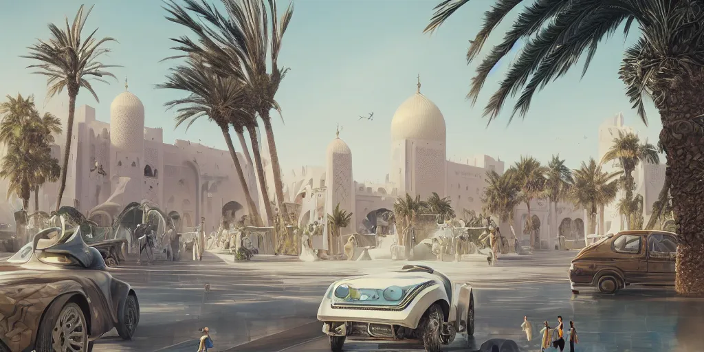 Prompt: Futuristic Morocco, palm trees , Moroccan mosque ,WLOP, flying cars ,James Jean, tom bagshaw, rococo, trending on artstation, fantasy, intricate, elegant, highly detailed, digital painting, concept art, smooth, illustration, cinematic lighting, hyper realism, octane render, 8k, hyper detailed.