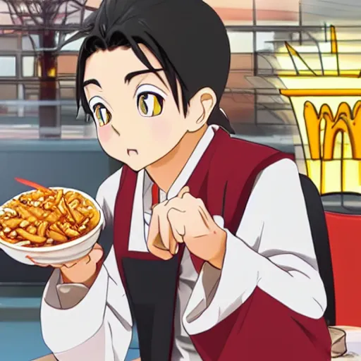 Image similar to Tanjiro Kamado eating at McDonalds; anime