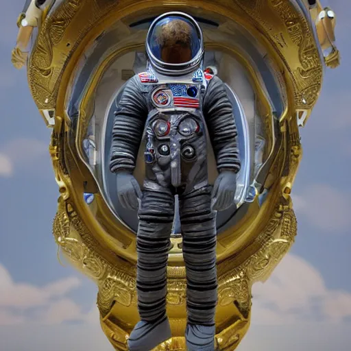 Prompt: A photo-real delicate sculpture of an ornate detailed astronaut in front of an intricate background by AJ Fosik, micro detail, backlit lighting, octane renderer, colourful, physically based rendering, tribal art, trending on cgsociety