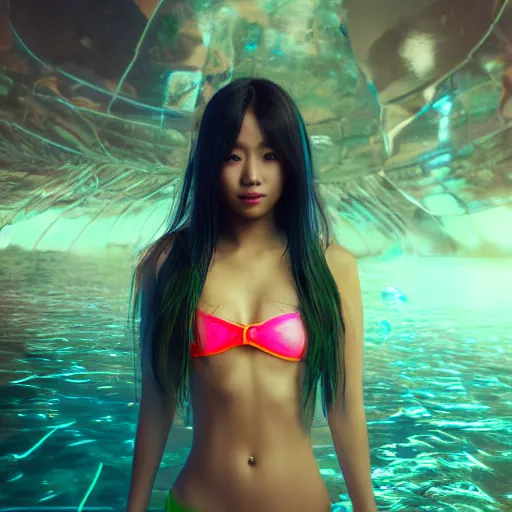 Prompt: a portrait of a full body beautiful futuristic asian girl, young with long hair, neon bioluminescence, under water, matte painting, hyper - realistic, very detailed, intricate, very sexy pose, slight smile expression, unreal engine, dramatic cinematic lighting rendered by octane, 8 k, detailed