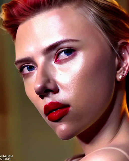 Image similar to highly detailed vfx portrait of scarlett johansson, red lipstick, global illumination, detailed and intricate environment