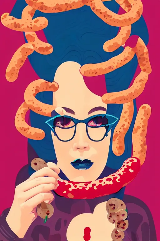 Image similar to abstract portrait of female superhero with sausage!!!! fingers miyazaki, colorful palette illustration, kenneth blom, mental alchemy, james jean, pablo amaringo, naudline pierre, contemporary art, hyper detailed