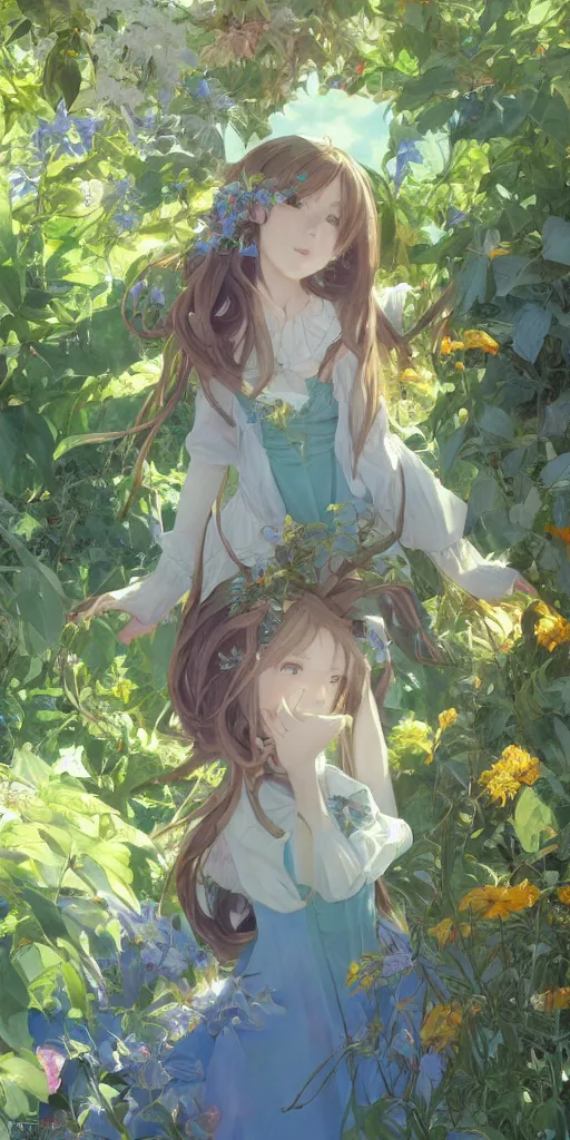 Image similar to a digital art of a loli with long hair in a dress in the privet garden at after noon, green and blue and warm theme, back lighting, highly detailed, 4 k resolution, trending on art station, elegant, by krenz cushart and mucha and akihito yoshida and greg rutkowski and makoto shinkai