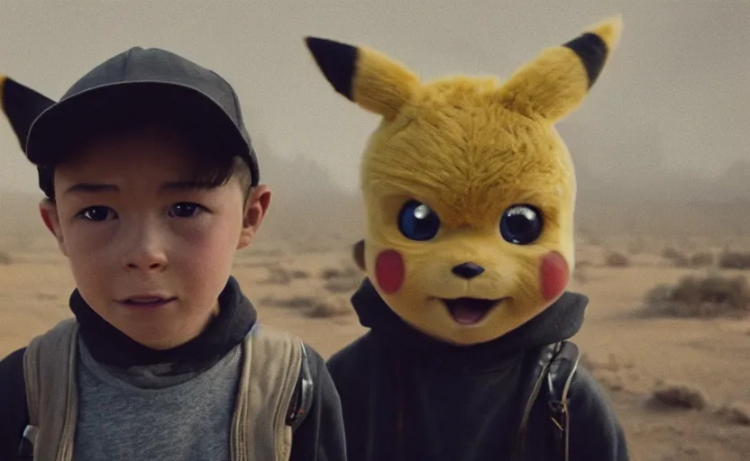 Image similar to cinestill 5 0 d candid photographic portrait by helen levitt of pikachu wearing black rugged techwear on a desolate plain, extreme closeup, modern cyberpunk moody emotional cinematic, dust storm, 8 k, hd, high resolution, 3 5 mm, f / 3 2, ultra realistic faces, detective pikachu ( 2 0 1 9 )