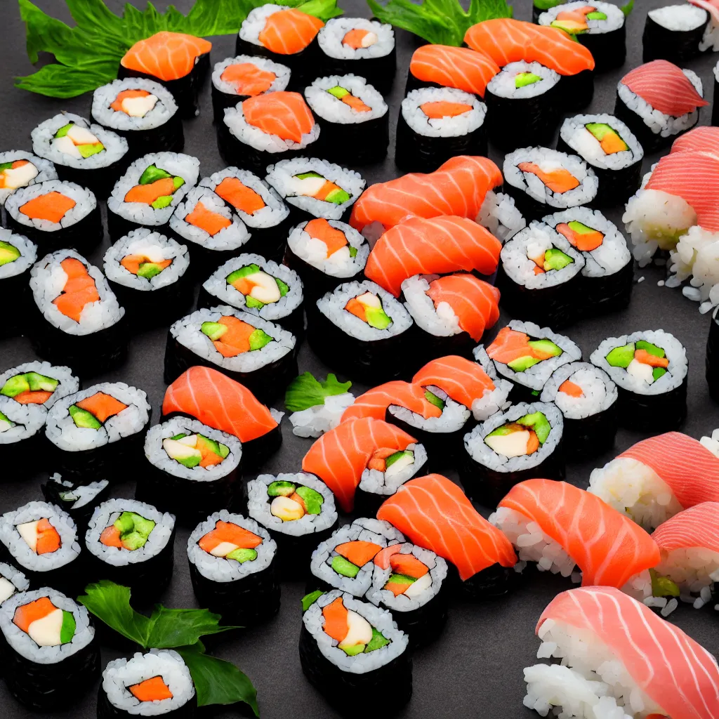 Prompt: sushi, award winning food photography, 2 0 0 mm carl zeiss lens, bokeh