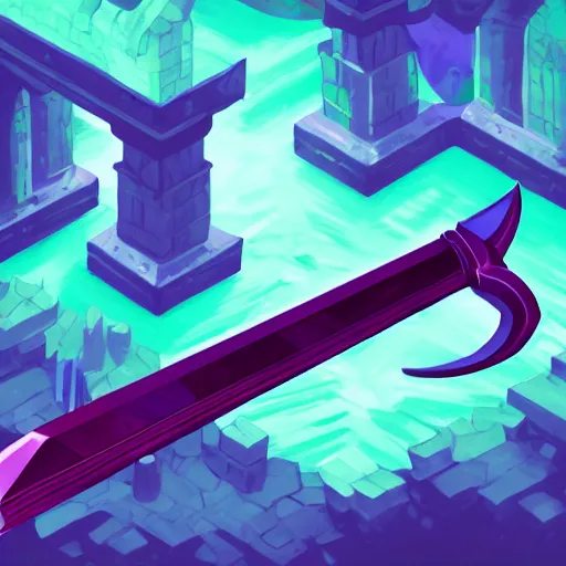 Prompt: a magical sword, fantasy rpg, isometric, digital art, dark background