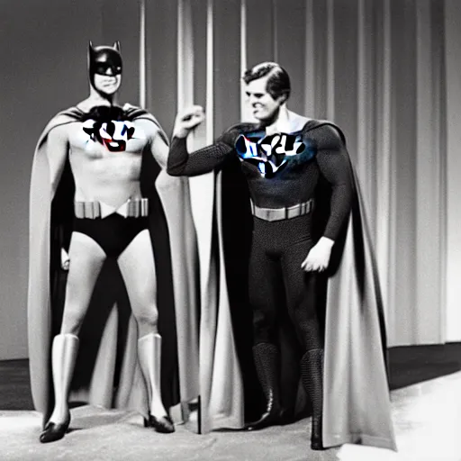 Image similar to adam west batman teams up with superman on the 1 9 6 6 batman tv show