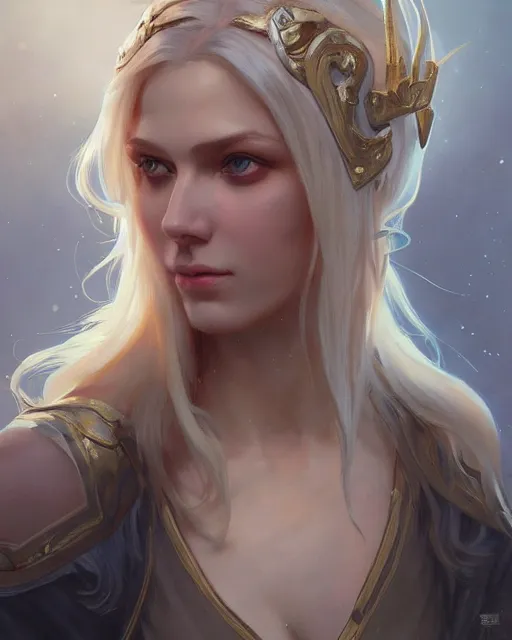 Image similar to '' Portrait of Beautiful blonde Slavic woman, league of legends, LOL, fantasy, d&d, digital painting, artstation, concept art, sharp focus, illustration, art by greg rutkowski and alphonse mucha ''