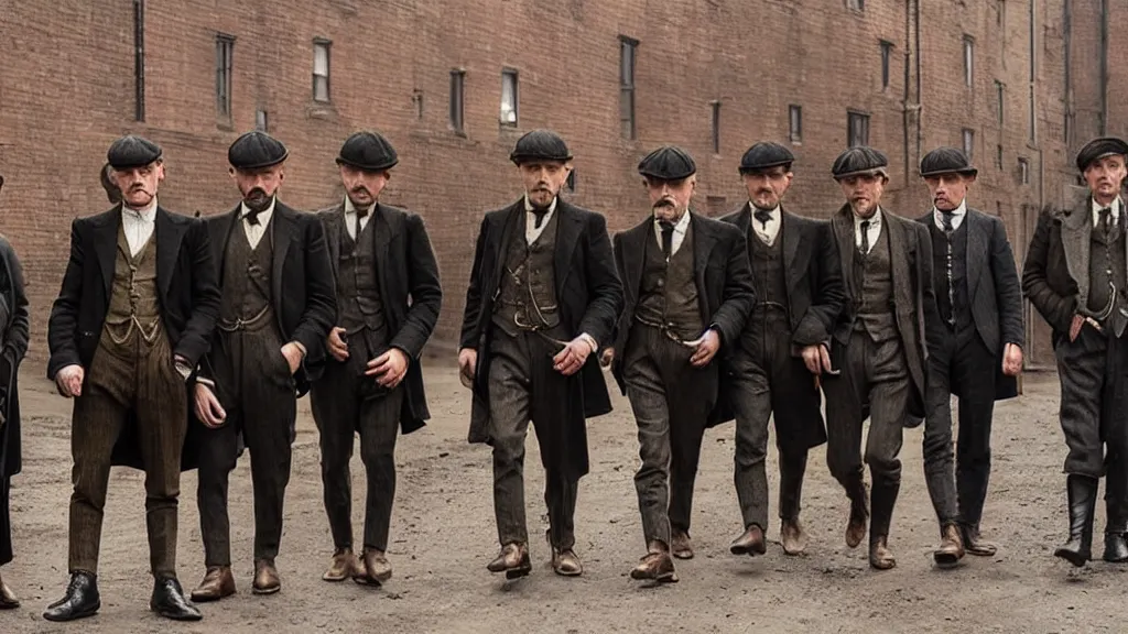 Prompt: a group of human peanuts dressed like the peaky blinders