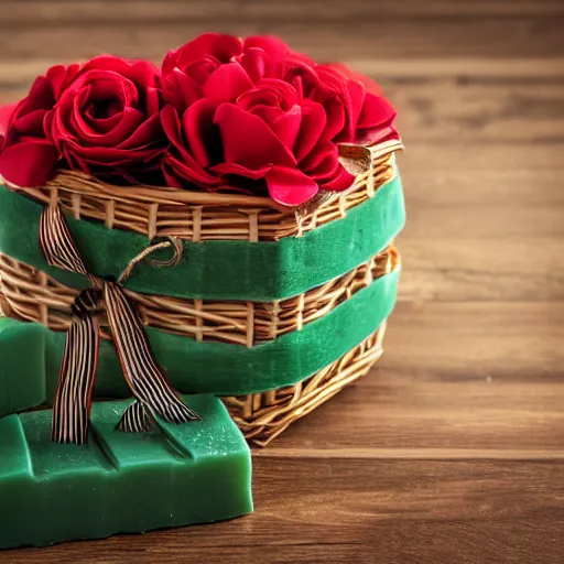 Image similar to beautiful and bright advertising, photography of a package of handmade mint chocolate scented soap blocks, wrapped in dark brown ribbons, sitting in a basket of flowers, studio quality, hdr 8 k photograph