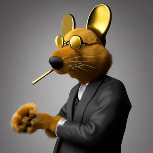Prompt: anthropomorphic furry gangster rat wearing headphones and a gold chain, smoking a blunt, 3d render, blender, 4k