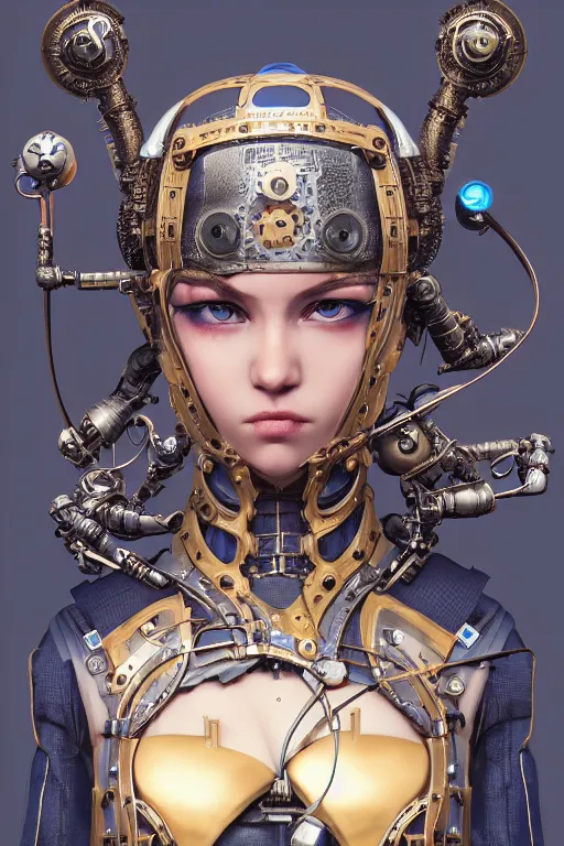 Image similar to Portrait of a steampunk sci-fi cyborg ninja, third person, D&D, sci-fi fantasy, intricate, blue and gold, highly detailed , art by Range Murata, highly detailed, 3d, octane render, bright colors, digital painting, trending on artstation, sharp focus, illustration style of Stanley Artgerm,