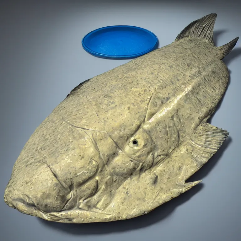 Image similar to hyperrealistic sculpture of a bronze fossilized flounder halibut emerging from a gridded blue silicone and latex pedestal by ron mueck and duane hanson and lee bontecou, hyperrealistic dramatic colored lighting trending on artstation 8 k