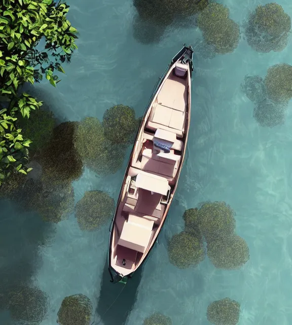 Prompt: an overhead close shot of a boat in a narrow stream, shady, ripples, reflections, trees, stream shore. By Makoto Shinkai, Stanley Artgerm Lau, WLOP, Rossdraws, James Jean, Andrei Riabovitchev, Marc Simonetti, krenz cushart, Sakimichan, trending on ArtStation, digital art.