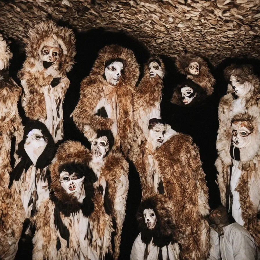 Prompt: cult members with taxidermic moth masks and black peak hood in a spiral tunnel, cinestill 8 0 0 t 3 5 mm, heavy grain, high quality, high detail