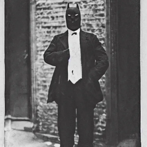 Prompt: old black and white photo portrait, 1 9 2 5, close - up portrait depicting batman standing proudly with arms on hips in alley of new york city, rule of thirds, historical record