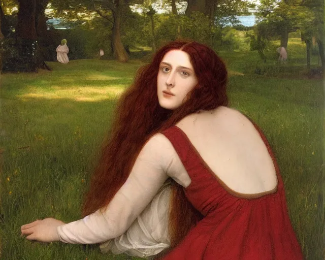 Image similar to beautiful pre - raphaelite painting of woman from the back, alone in a park, trending on artstation,