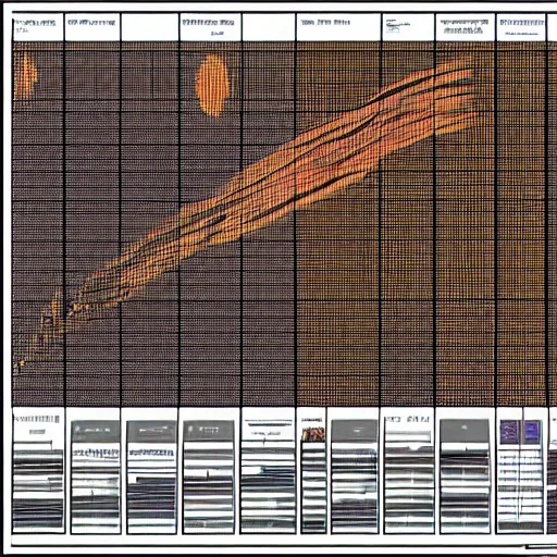 Image similar to a female made out of stone with multiple overlays of complex scientific data visualized on top of each other, bar charts, thick and thin lines, waveforms on top of square chart, topographic scan, space molecules, radio signals, negative space