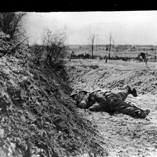 Prompt: a photo taken from a trench showing a nuclear explosion in the distance, a german soldier wearing a ww 2 stahlhelm is laying on the ground and looking at the explosion, realistic, taken on a ww 2 camera.
