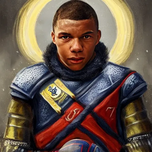 Image similar to portrait of Kylian Mbappe in fantasy armor, detailed, cinematic light, art of D&D