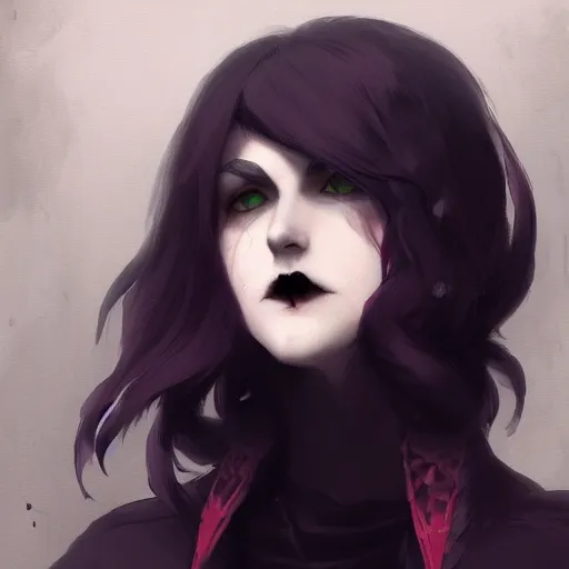 Image similar to female goth human vampire witch in the style of greg rutkowski, makoto shinkai, trending on artstation, character design, concept art, pretty face, highly detailed, portrait digital art