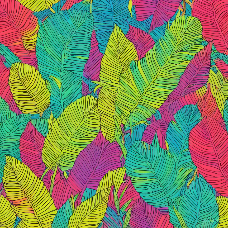 Prompt: colorful print of tropical leaves foliage bunched botanical artwork, multicolor lino block print with vignettes, created by mike mignola, greg hildebrandt, banksy in the style of painting toon shades, colorful ink, vibrant, pastel, color vector, smooth curves, graphical, detailed, trending in art station