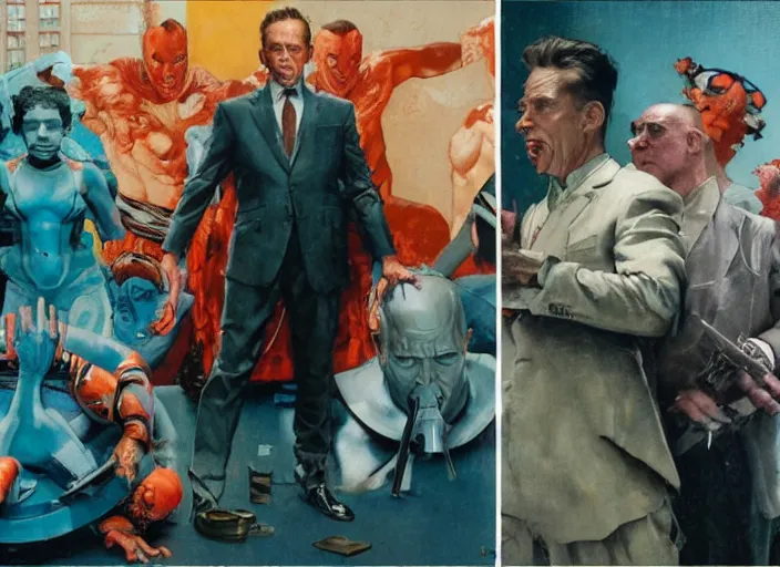 Prompt: a still from the movie avengers : endgame by of francis bacon and norman rockwell and james jean, a still from the movie godfather, and mark brooks, triadic color scheme, by greg rutkowski, syd mead and edward hopper and norman rockwell and beksinski, dark surrealism, orange and turquoise
