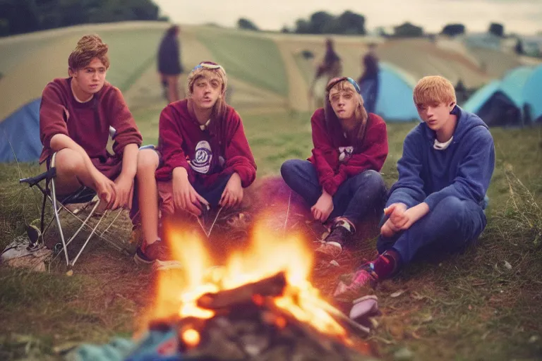 Image similar to candid photo of 3 teenagers camping at Glastonbury, UK, Kodak Portra 200,8K,highly detailed: beautiful perspective closeup environmental portrait photo in style of 2000s retrofuturism, cinema lighting , by beksinski, photography fashion edition, tilt shift, highly detailed, focus on man ;blonde hair;blue eyes, clear eyes, soft lighting