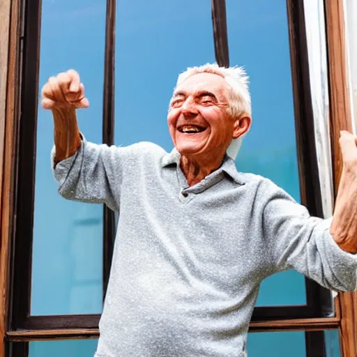 Prompt: a smiling old man dancing through a window