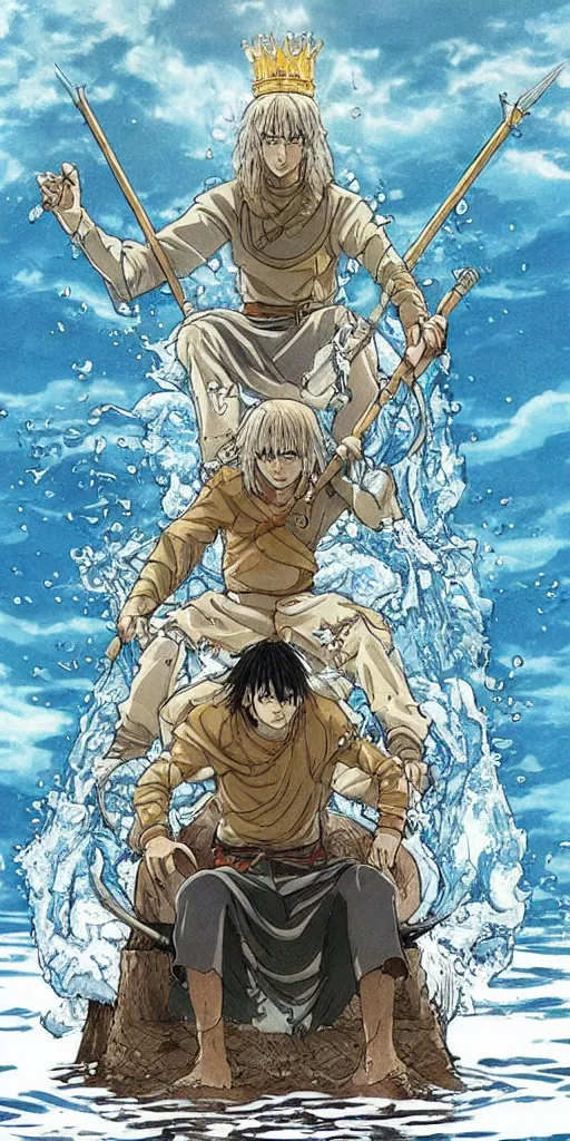 Prompt: a single lone king sitting on a throne floating on water in the middle of a lake drawn by Makoto Yukimura in the style of Vinland saga anime, full color, detailed,