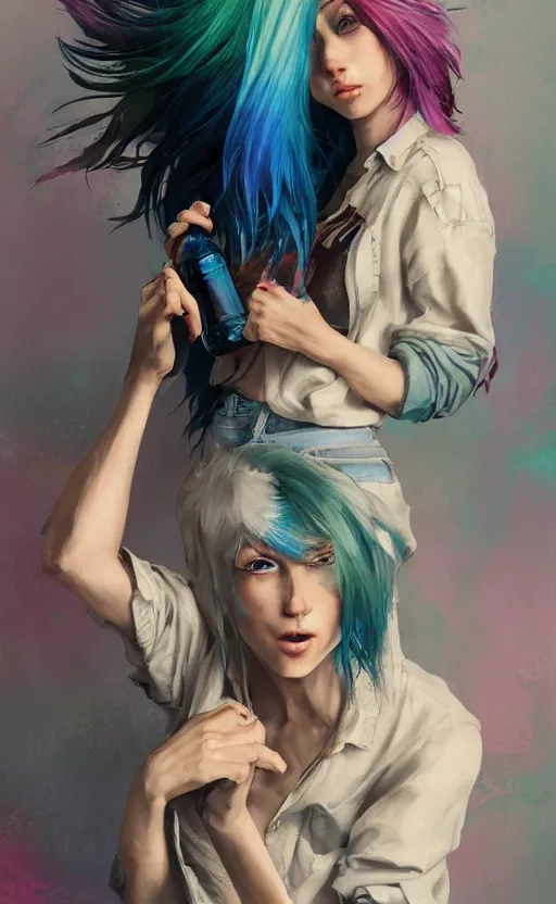 Image similar to a grungy woman with rainbow hair, happy, holding bottle of whiskey, soft eyes and narrow chin, dainty figure, long hair straight down, torn kawaii shirt and baggy jeans, basic white background, In style of by Jordan Grimmer and greg rutkowski, crisp lines and color,