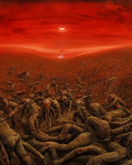 Image similar to a surreal, hellish, and maddening battlefield filled with soldiers fighting a pointless war in the style of zdzisław beksinski in the style of junji ito trending on artstation deviantart pinterest furaffinity detailed realistic hd 8 k high resolution