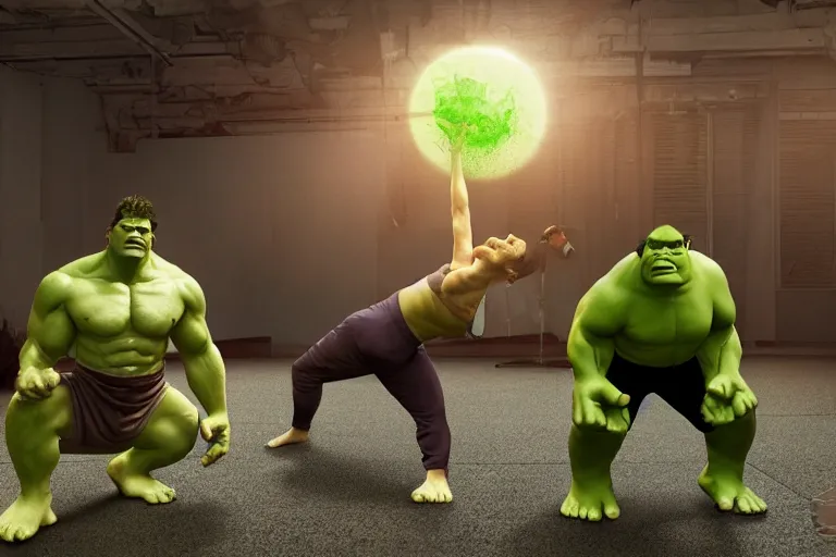 Image similar to the hulk and shrek doing yoga poses in the morning - produced in surreal sweatshop under fluorescent dominion, advanced, photorealistic, realistic, dramatic lighting, fantastic reality, by michelangelo, 8 k resolution