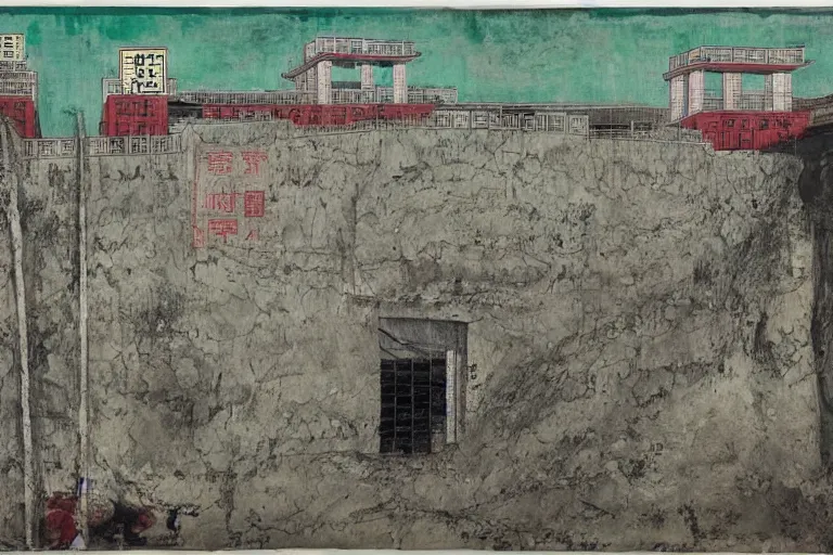 Image similar to a chinese prison near a river by peter doig, overlaid with chinese adverts