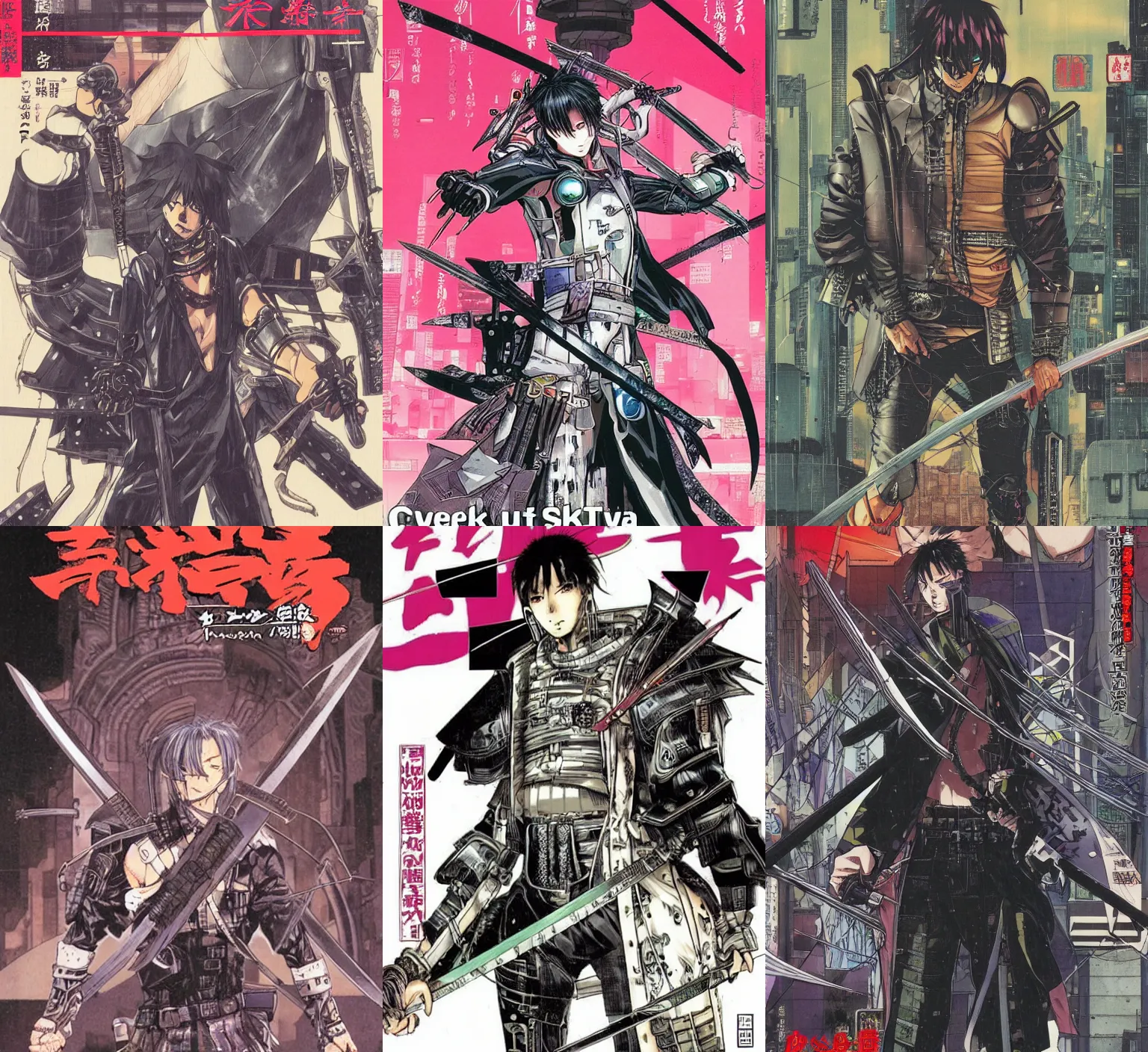 Prompt: cover of the cyberpunk manga about the man with two swords, by Tatsuyuki Tanaka and Masamune Shirow