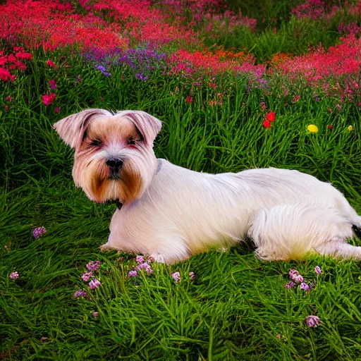 Prompt: dandie dinmont terrier laying on a bed of multi-color flowers and grass in a beautiful forest, golden hour, stunning, Impressionist