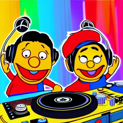 Image similar to svg sticker of a Pop-Wonder Bert&Ernie, Sesame-Street, at a rave, spinning records, giant headphones rocking out, wearing headphones, huge speakers, dancing, rave, DJ, spinning records, digital art, amazing composition, rule-of-thirds, award-winning, trending on artstation, featured on deviantart