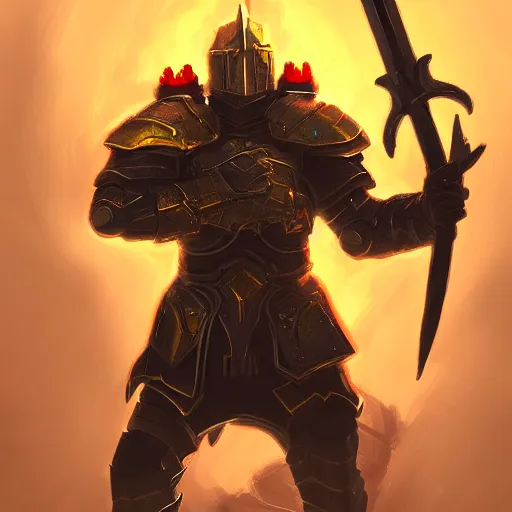 Prompt: A highly detailed matte acrylic painting of a heavily armored paladin wielding a very bright glowing gold sword, fighting in a huge battle at dusk, concept art, trending on artstation.
