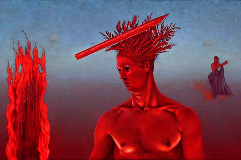 Image similar to only with red, a red melted apollo with a laurel wreath and a flaming sword announce the win, athens in the background, in the style of beksinski, part by hopper, part by rodcenko, part by hofbauer, intricate composition, red by caravaggio, insanely quality, highly detailed, masterpiece, red light, artstation