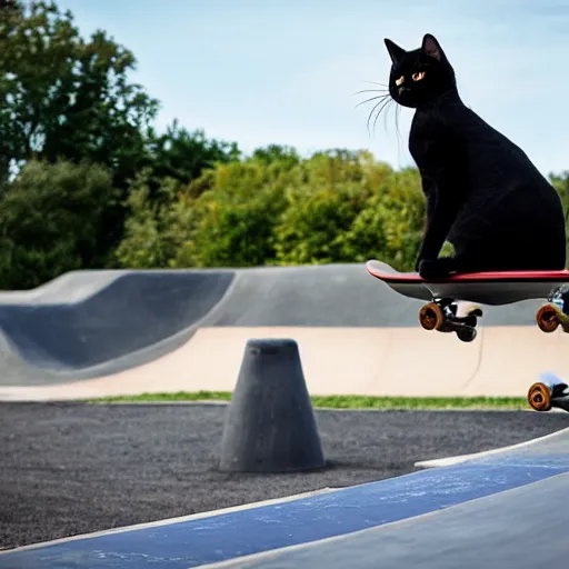 Prompt: a skateboarding cat performing a trick at the skatepark