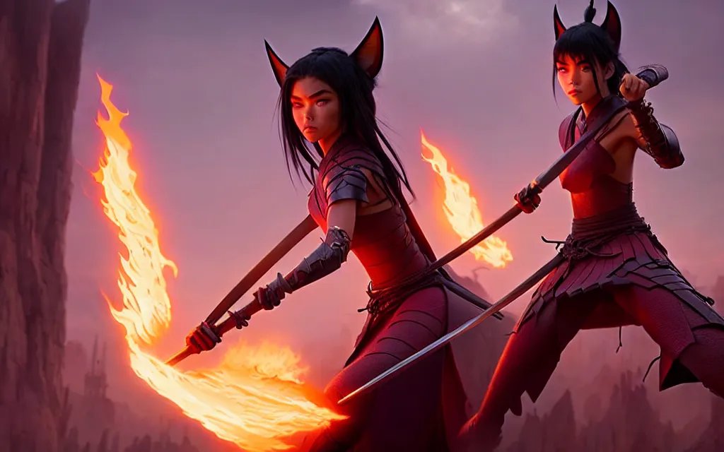 Image similar to weta disney pixar epic movie shot of madison beer as samurai warrior catgirl by pixar : : flames : : by weta, greg rutkowski, wlop, ilya kuvshinov, rossdraws, artgerm, marvel, unreal engine, bright morning, anime